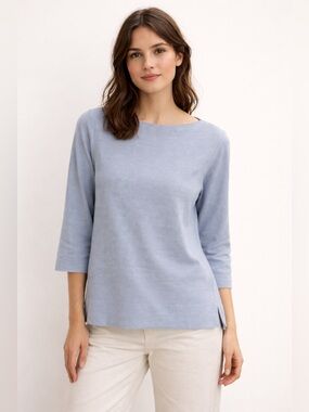 Ann Mashburn Boatneck Top | Light Blue Cotton | 3/4 Sleeve Minimalist | Size S